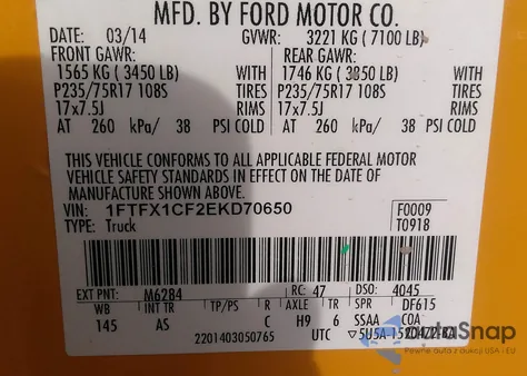 2014 Ford F-150 Xl from USA, damaged, VIN 1FTFX1CF2EKD70650